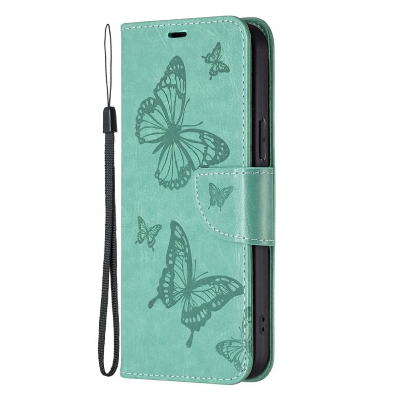 Capa Flip Para Samsung Galaxy A14 / A14 5G De Cordão Strappy Estampado Borboletas