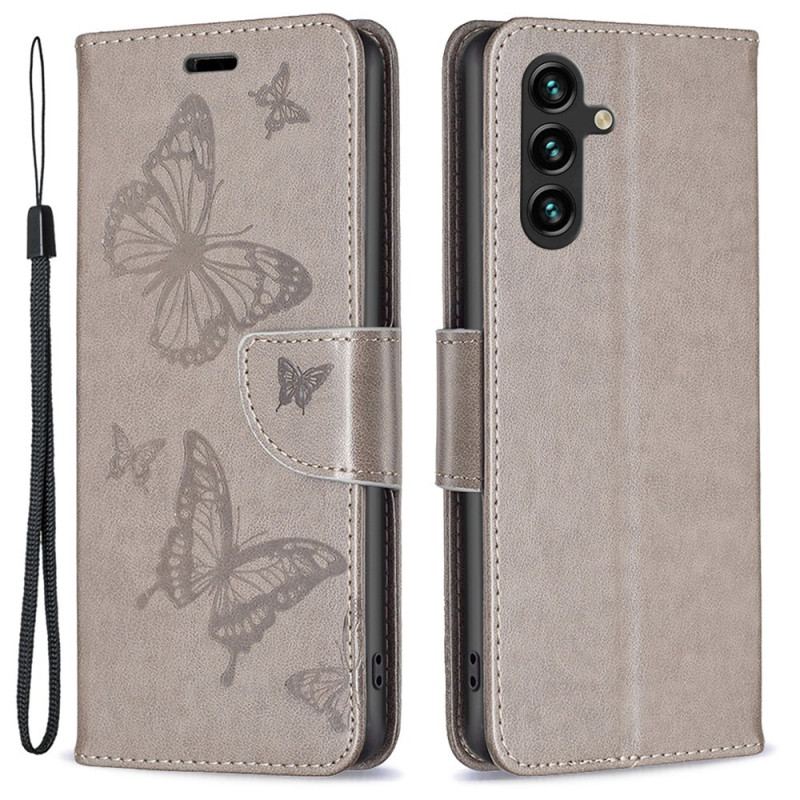 Capa Flip Para Samsung Galaxy A14 / A14 5G De Cordão Strappy Estampado Borboletas