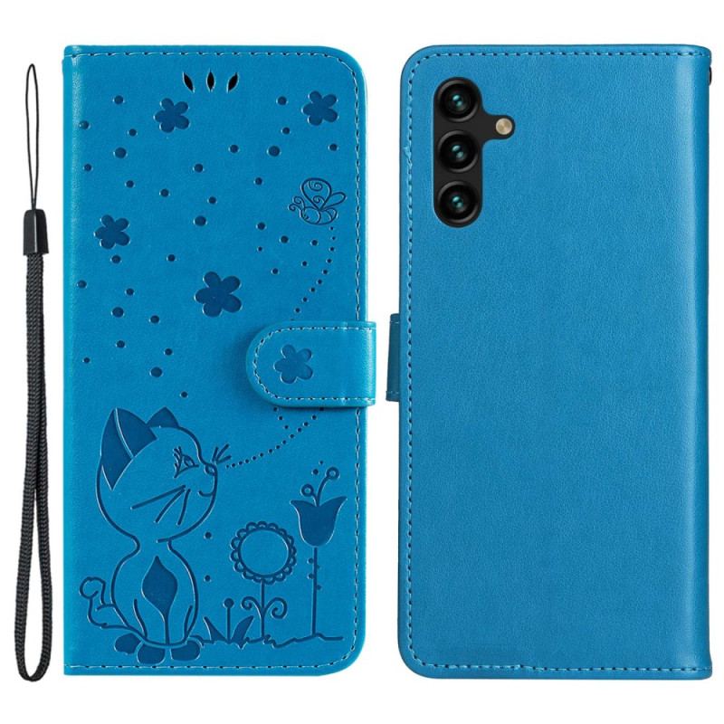 Capa Flip Para Samsung Galaxy A14 / A14 5G De Cordão Strappy Gato E Abelhas