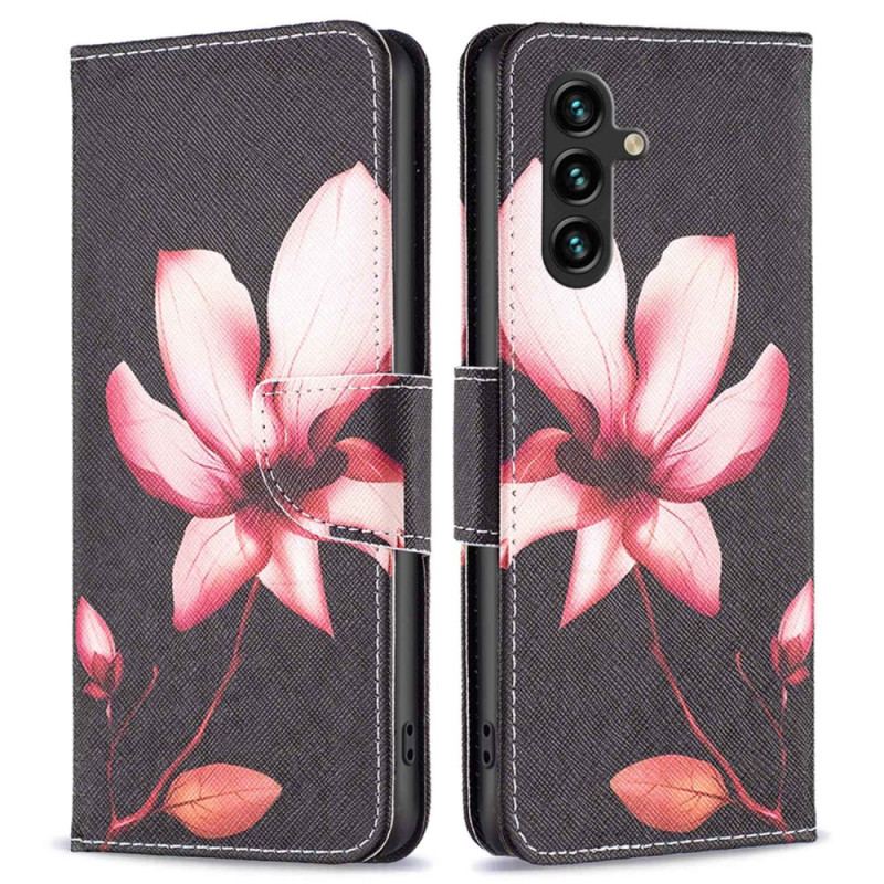 Capa Flip Para Samsung Galaxy A14 / A14 5G Flor Em Fundo Preto