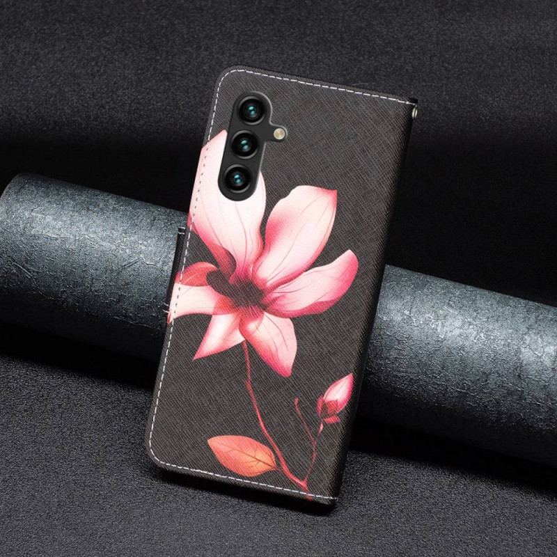 Capa Flip Para Samsung Galaxy A14 / A14 5G Flor Em Fundo Preto