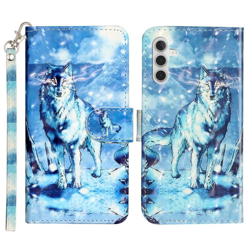 Capa Flip Para Samsung Galaxy A14 / A14 5G Lobo Com Cordão