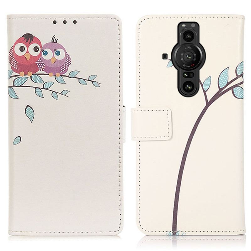 Capa Folio Para Sony Xperia Pro-I Casal De Corujas Na Árvore