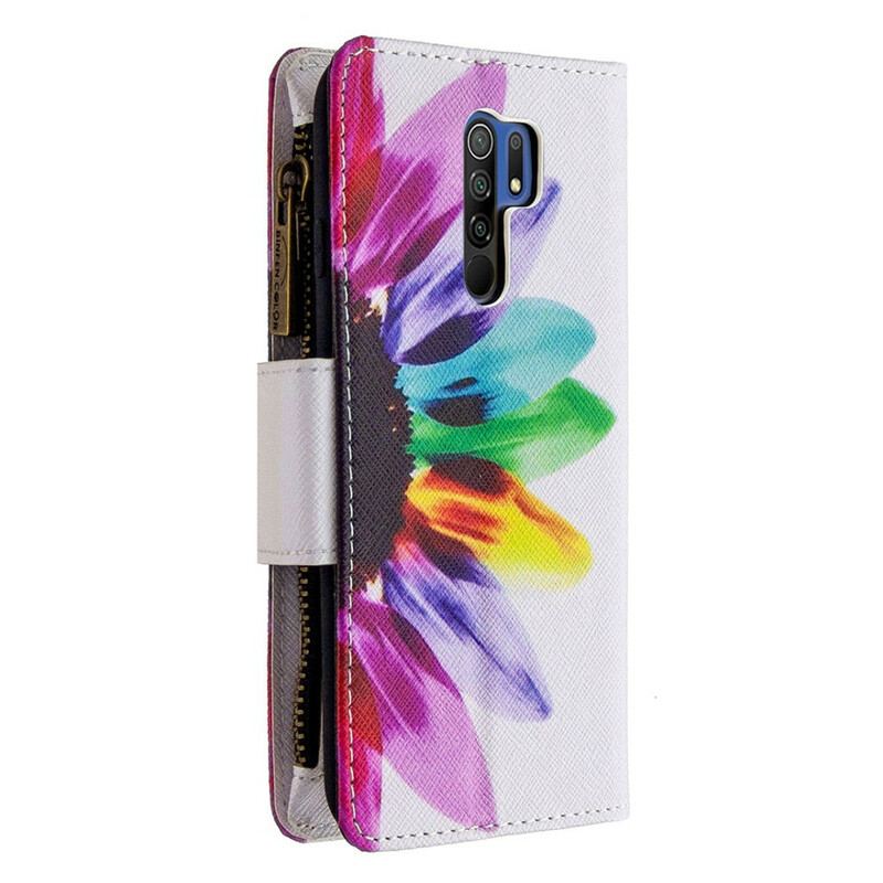 Capa De Couro Para Xiaomi Redmi 9 Bolso Com Zíper Flor