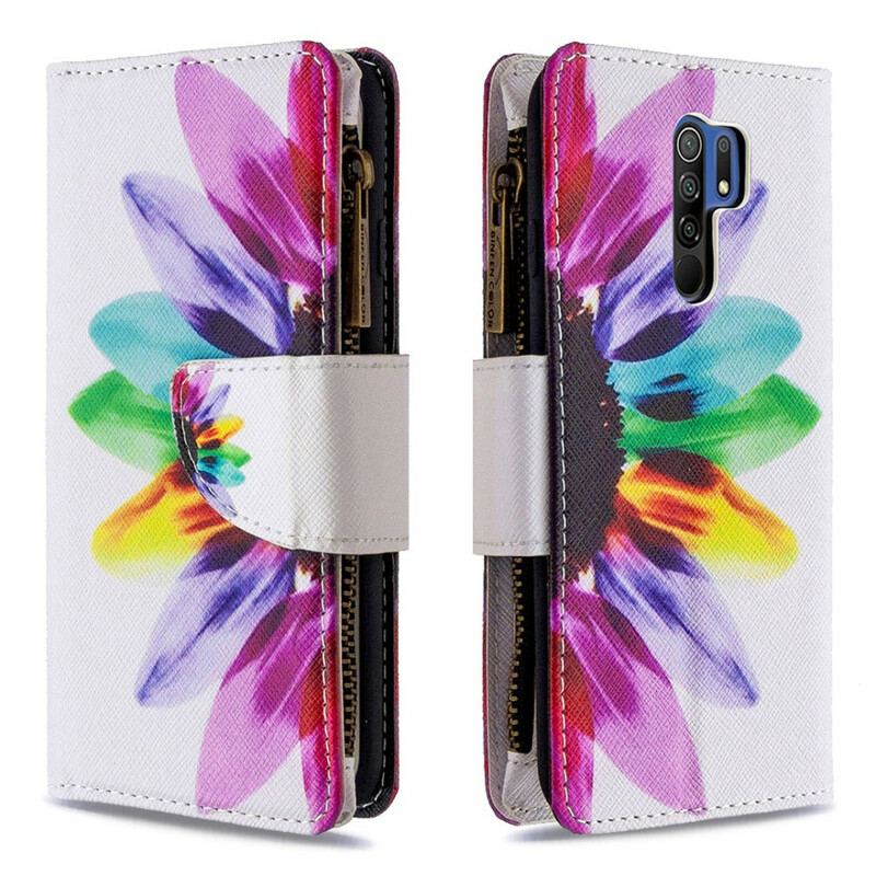 Capa De Couro Para Xiaomi Redmi 9 Bolso Com Zíper Flor