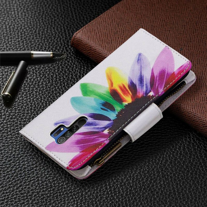 Capa De Couro Para Xiaomi Redmi 9 Bolso Com Zíper Flor