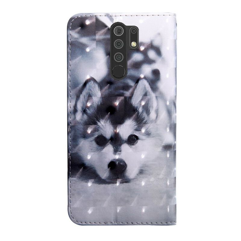 Capa De Couro Para Xiaomi Redmi 9 Cachorro Preto E Branco