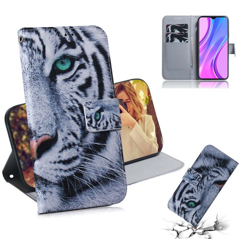 Capa De Couro Para Xiaomi Redmi 9 Cara De Tigre