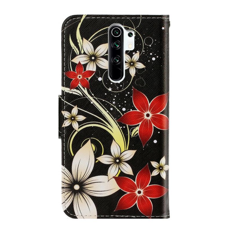 Capa De Couro Para Xiaomi Redmi 9 De Cordão Flores Coloridas Com Tiras