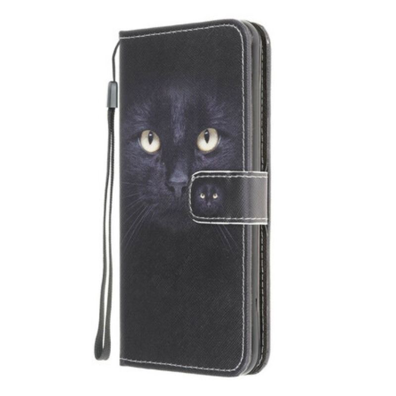 Capa De Couro Para Xiaomi Redmi 9 De Cordão Olhos De Gato Preto Com Tiras