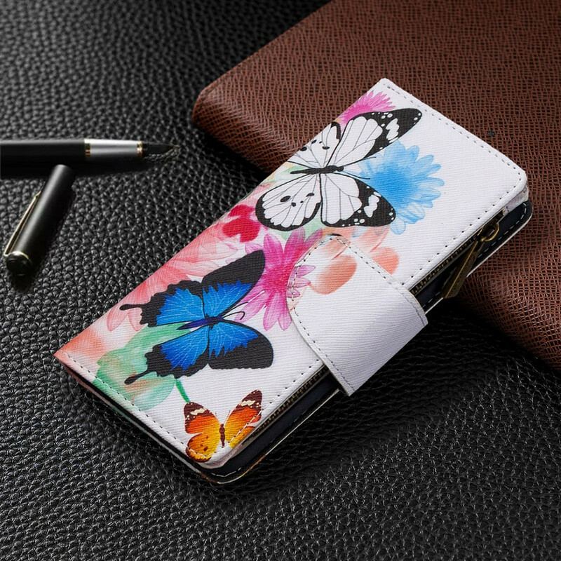 Capa Em Pele Para Xiaomi Redmi 9 Bolso Com Zíper De Borboletas