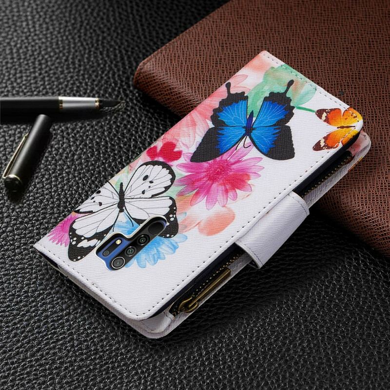 Capa Em Pele Para Xiaomi Redmi 9 Bolso Com Zíper De Borboletas