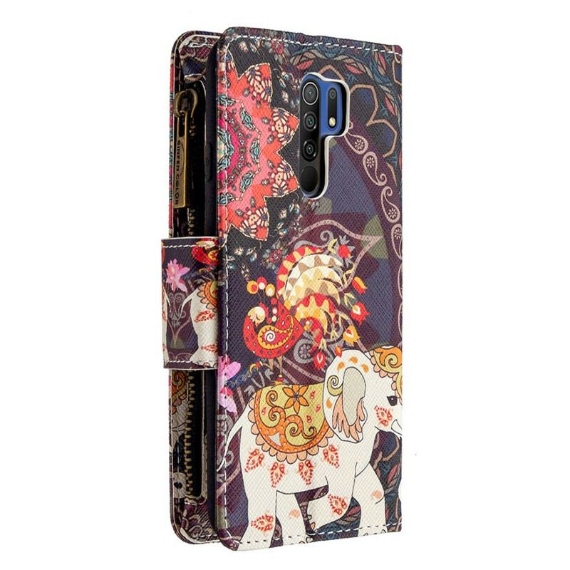 Capa Em Pele Para Xiaomi Redmi 9 Bolso Elefante Com Zíper