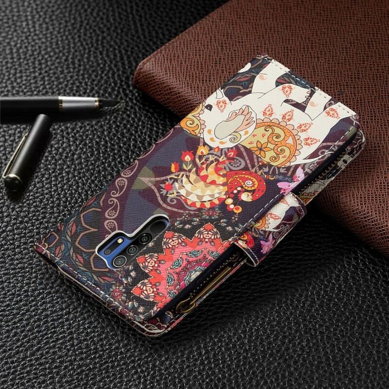 Capa Em Pele Para Xiaomi Redmi 9 Bolso Elefante Com Zíper