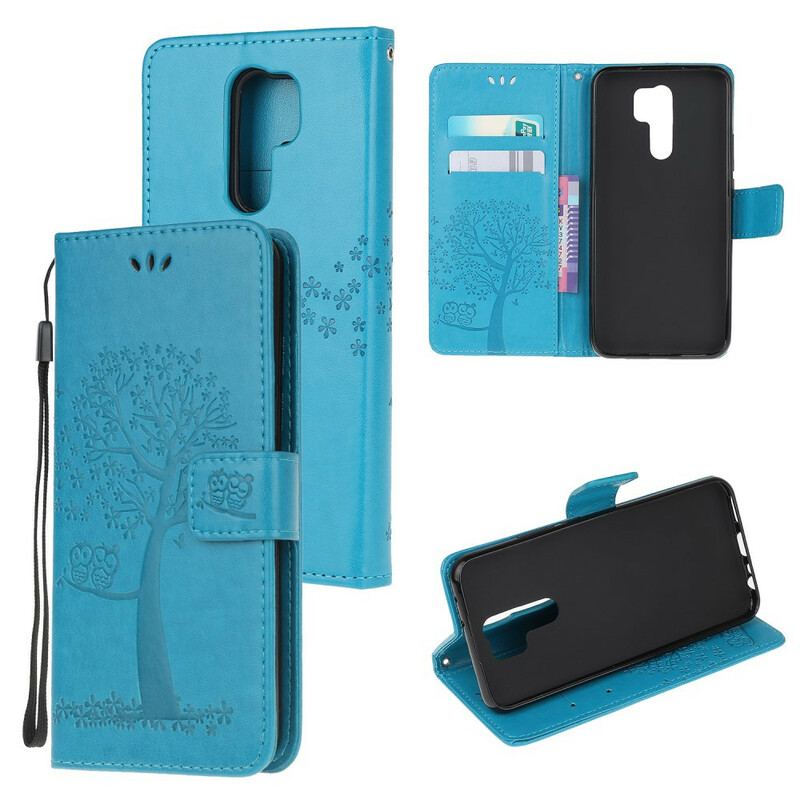 Capa Em Pele Para Xiaomi Redmi 9 De Cordão Tanga E Corujas