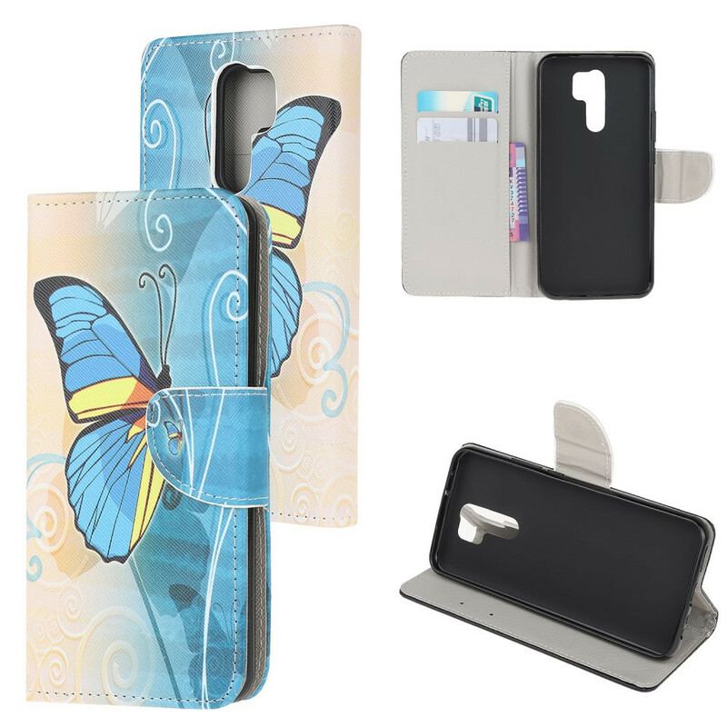 Capa Flip Para Xiaomi Redmi 9 Borboleta Azul E Amarela