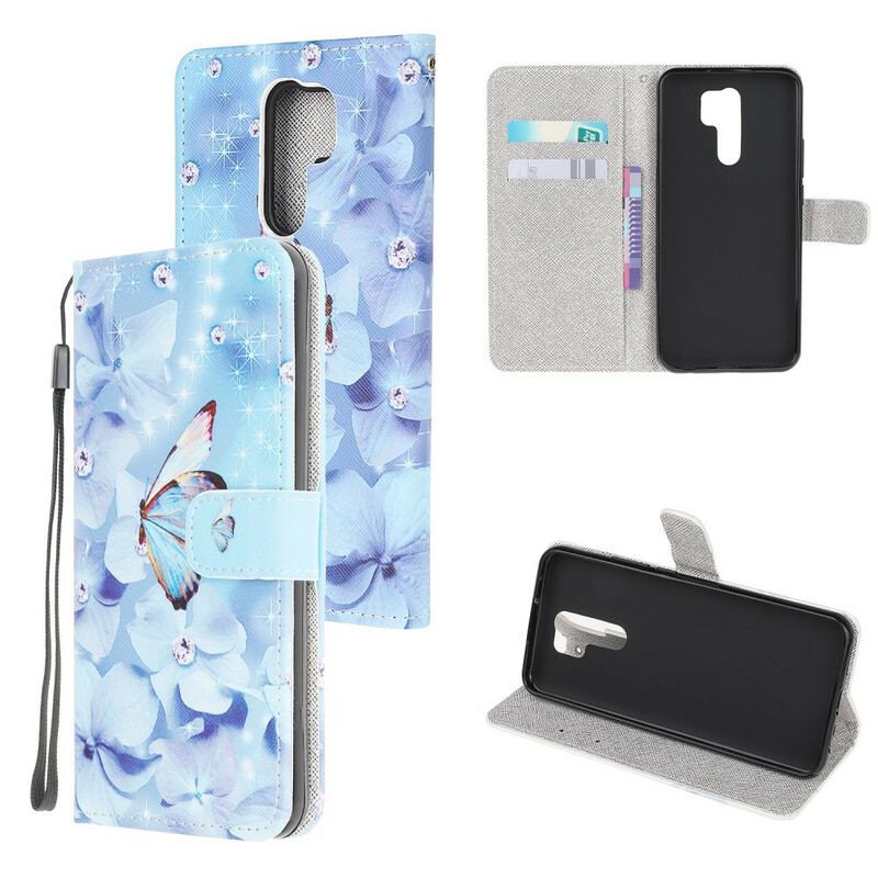 Capa Flip Para Xiaomi Redmi 9 De Cordão Borboletas Strappy Diamond