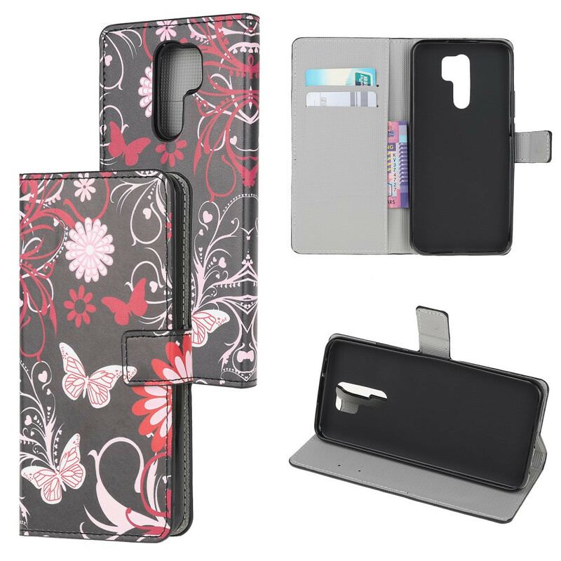 Capa Folio Para Xiaomi Redmi 9 Borboletas E Flores