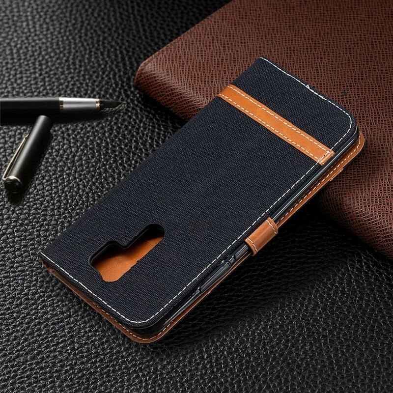 Capa Folio Para Xiaomi Redmi 9 De Cordão Correia Efeito Tecido E Couro