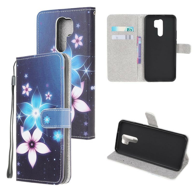 Capa Folio Para Xiaomi Redmi 9 De Cordão Flores De Cinta Lunar