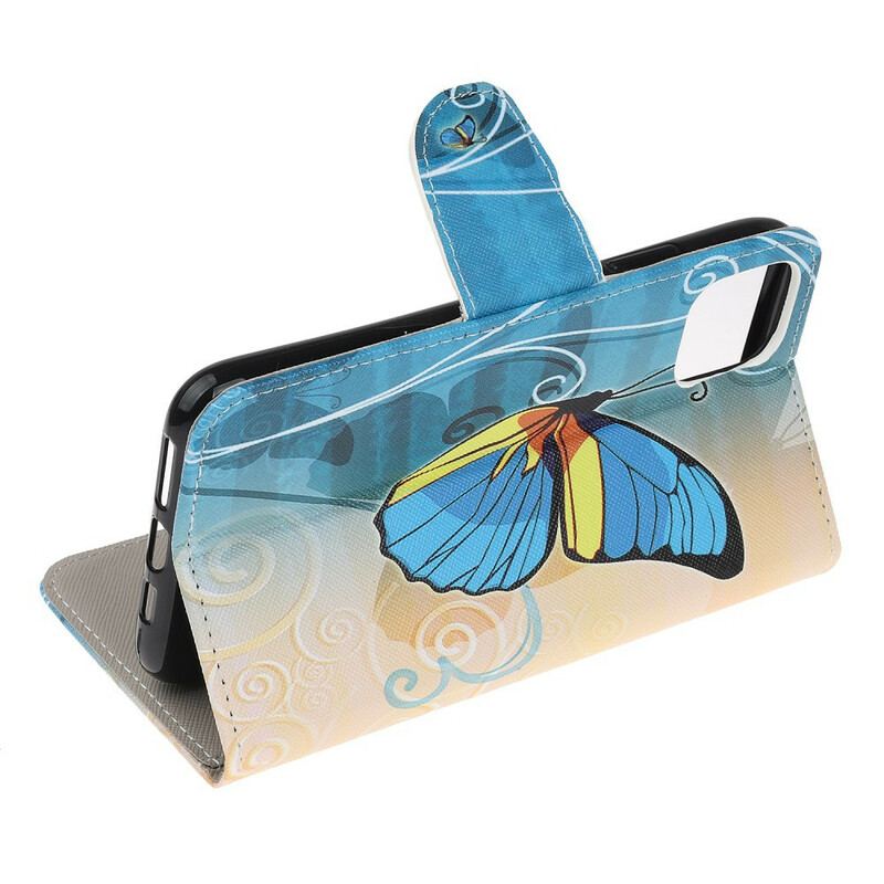 Capa De Couro Para iPhone 12 Mini Borboleta Colorida