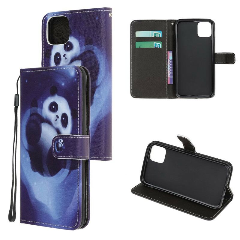 Capa De Couro Para iPhone 12 Mini De Cordão Espaço Panda Com Lanyard