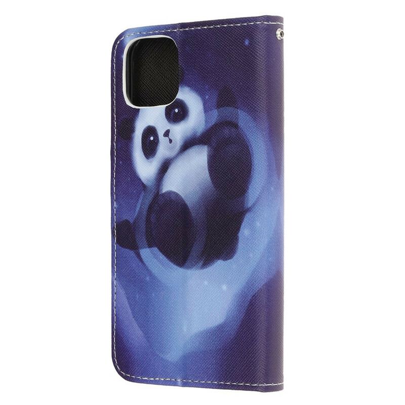 Capa De Couro Para iPhone 12 Mini De Cordão Espaço Panda Com Lanyard