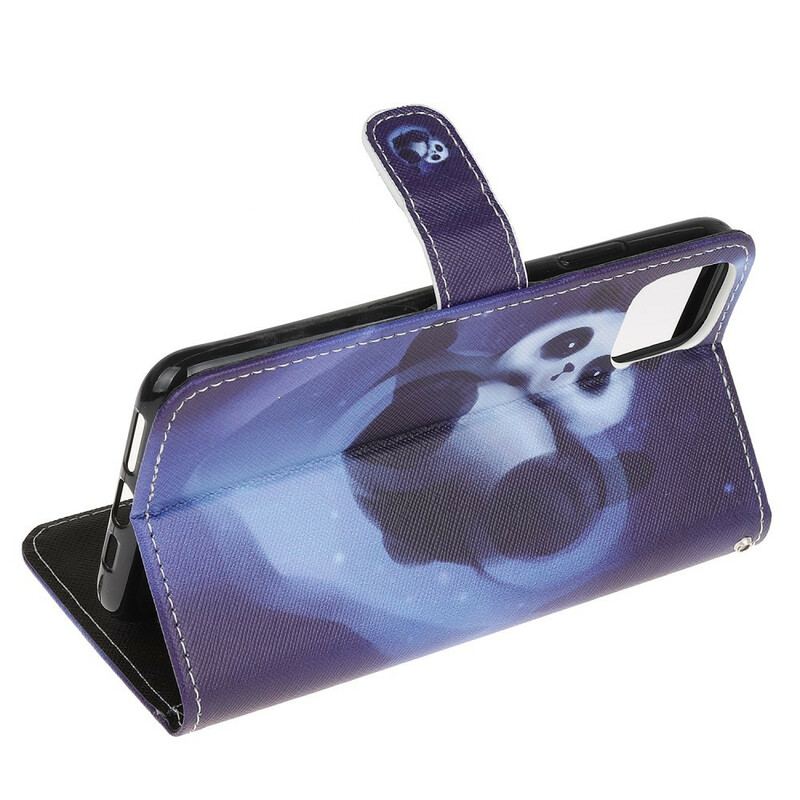 Capa De Couro Para iPhone 12 Mini De Cordão Espaço Panda Com Lanyard