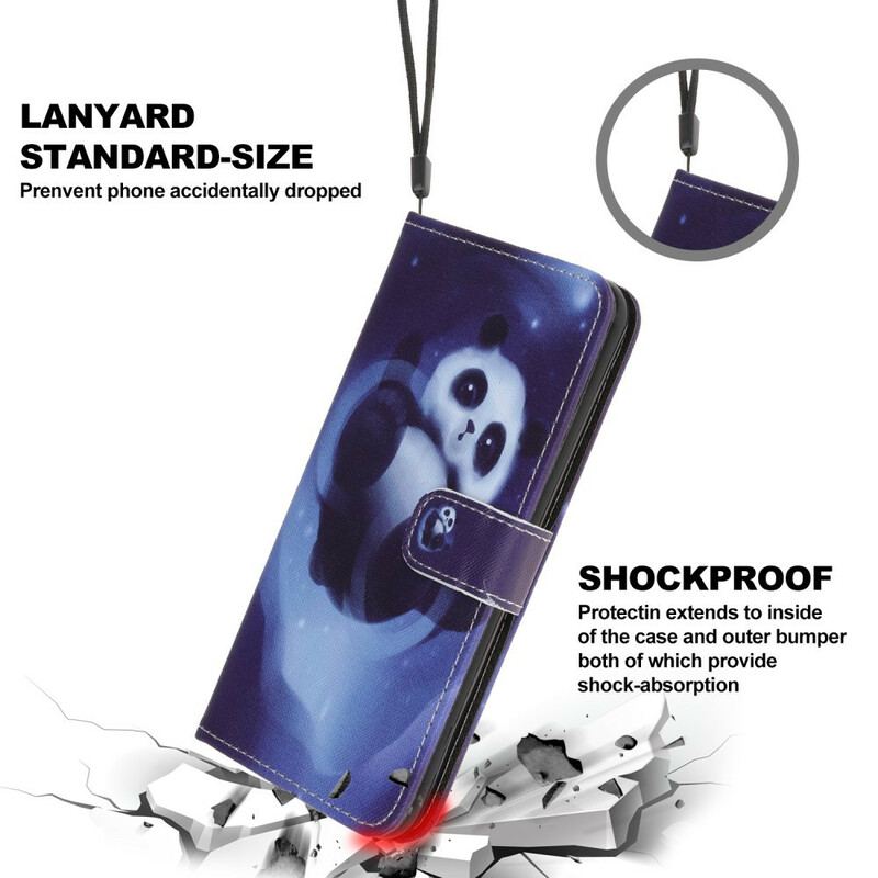 Capa De Couro Para iPhone 12 Mini De Cordão Espaço Panda Com Lanyard