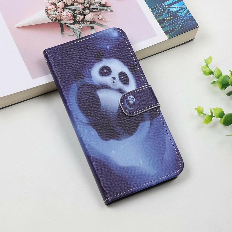 Capa De Couro Para iPhone 12 Mini De Cordão Espaço Panda Com Lanyard