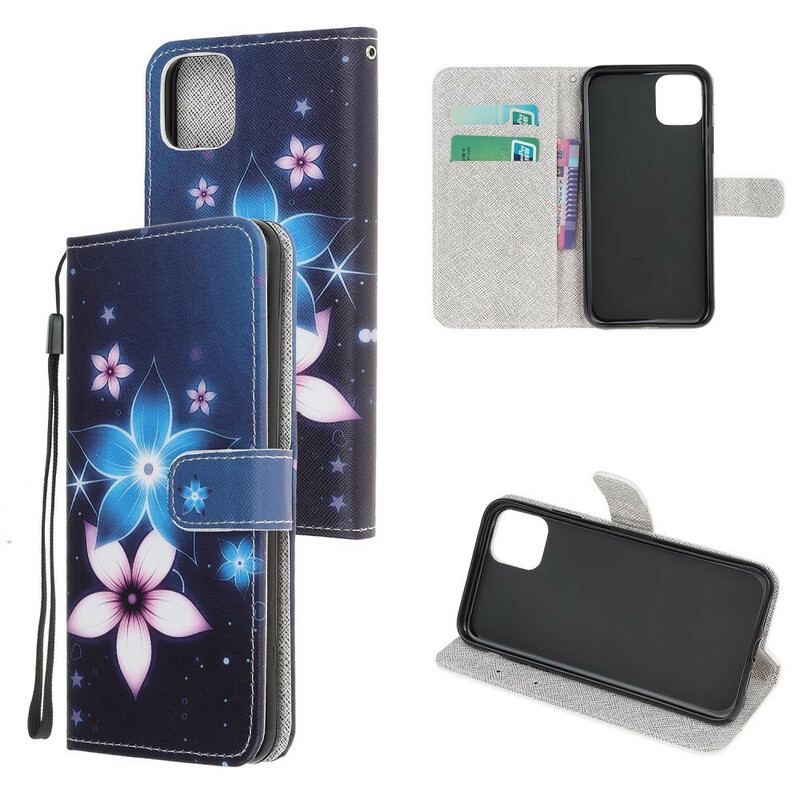 Capa De Couro Para iPhone 12 Mini De Cordão Flores De Cinta Lunar