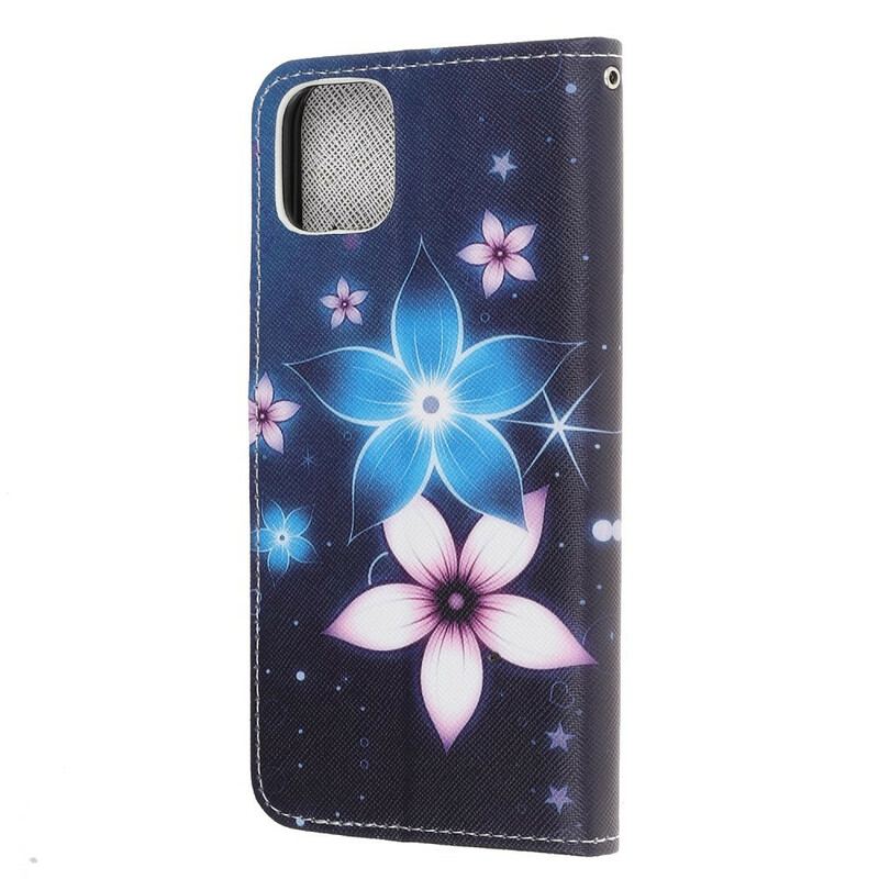 Capa De Couro Para iPhone 12 Mini De Cordão Flores De Cinta Lunar