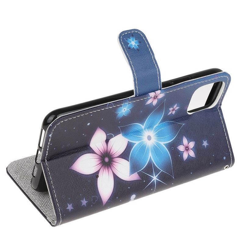 Capa De Couro Para iPhone 12 Mini De Cordão Flores De Cinta Lunar