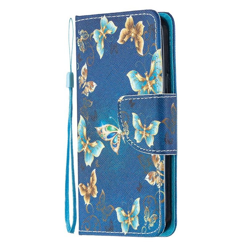 Capa Flip Para iPhone 12 Mini De Cordão Borboletas E Flores Azuis Com Alça