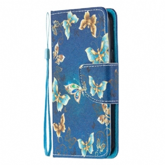 Capa Flip Para iPhone 12 Mini De Cordão Borboletas E Flores Azuis Com Alça