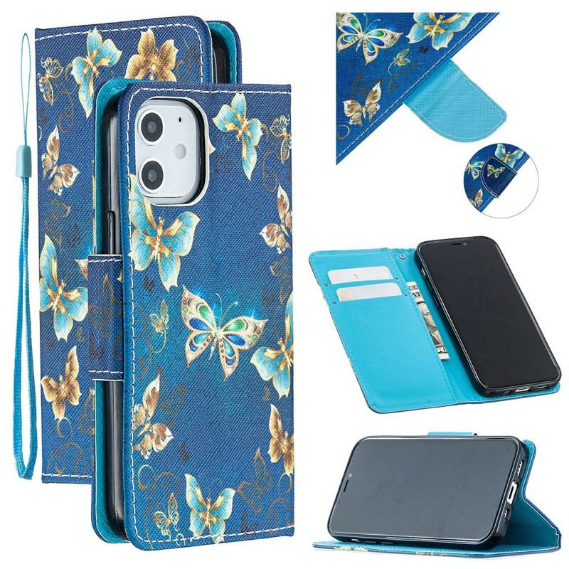 Capa Flip Para iPhone 12 Mini De Cordão Borboletas E Flores Azuis Com Alça