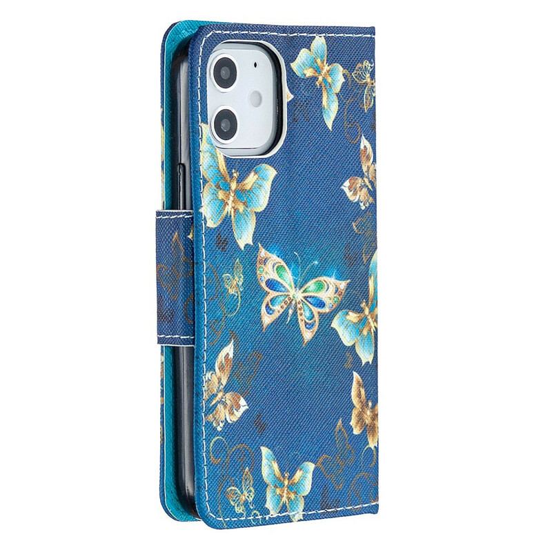 Capa Flip Para iPhone 12 Mini De Cordão Borboletas E Flores Azuis Com Alça