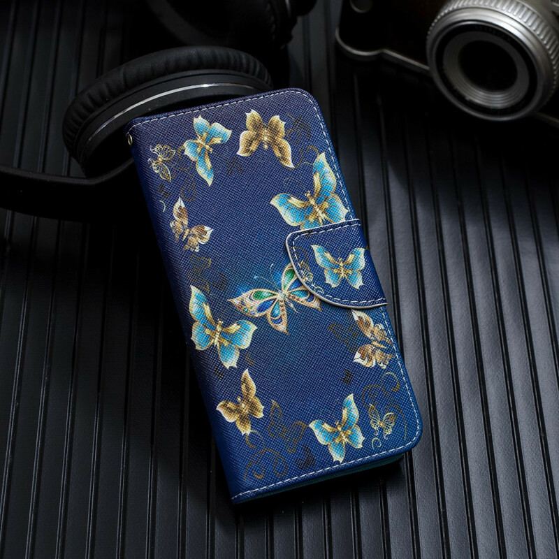 Capa Flip Para iPhone 12 Mini De Cordão Borboletas E Flores Azuis Com Alça