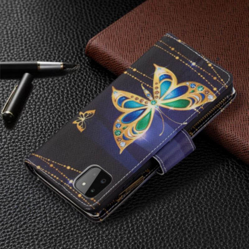 Capa De Couro Para Samsung Galaxy A22 5G Bolsa De Arte Com Zíper De Borboletas