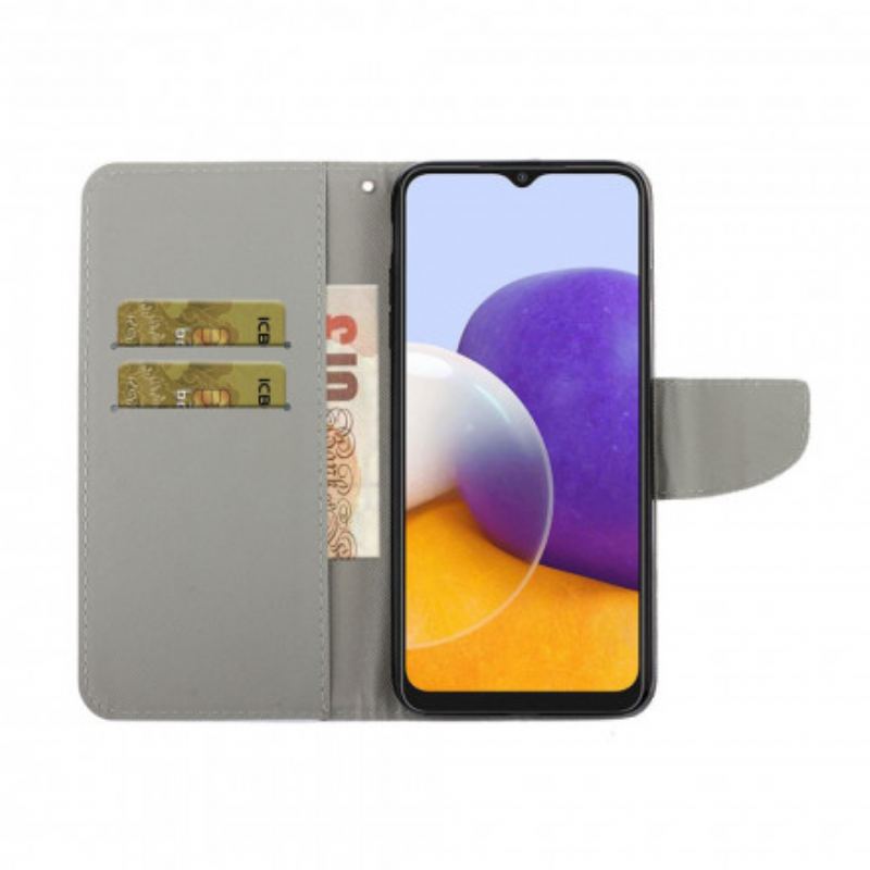 Capa De Couro Para Samsung Galaxy A22 5G Borboletas E Cordão