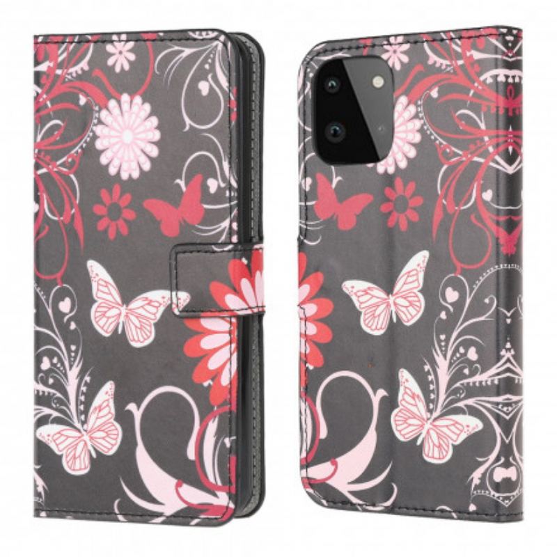 Capa De Couro Para Samsung Galaxy A22 5G Borboletas E Flores