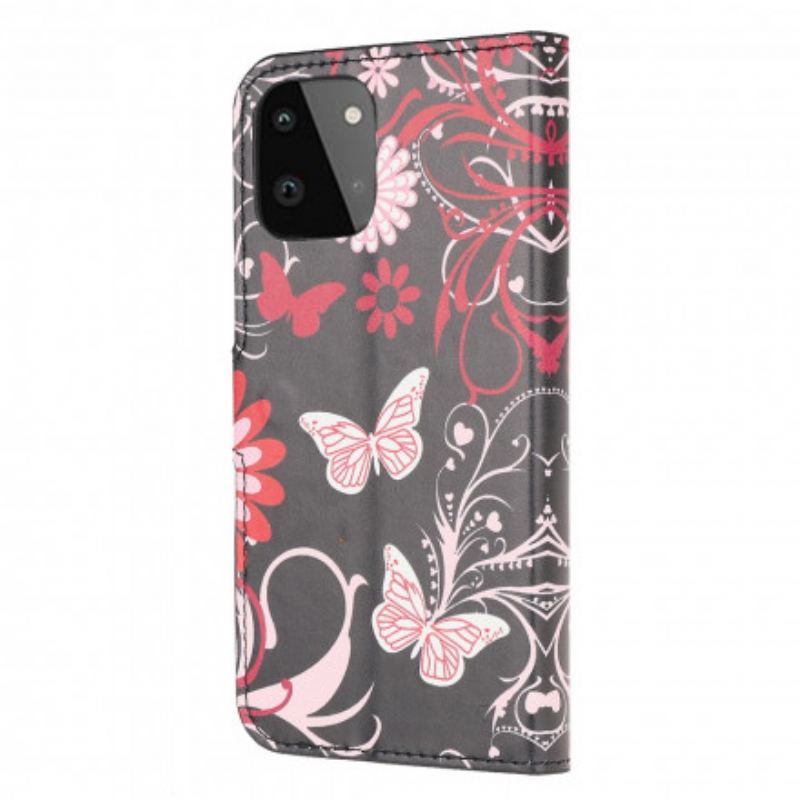 Capa De Couro Para Samsung Galaxy A22 5G Borboletas E Flores