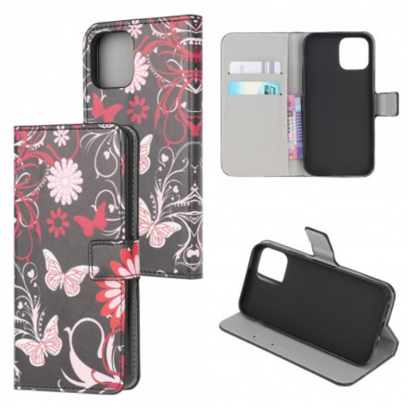 Capa De Couro Para Samsung Galaxy A22 5G Borboletas E Flores