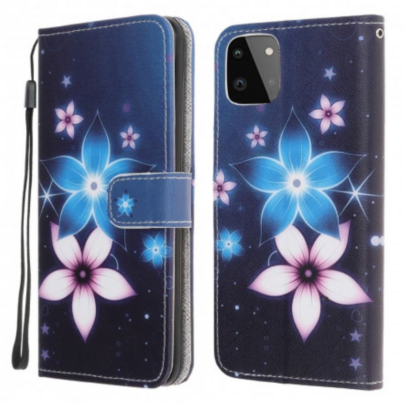 Capa De Couro Para Samsung Galaxy A22 5G De Cordão Flores De Cinta Lunar