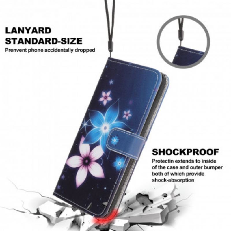 Capa De Couro Para Samsung Galaxy A22 5G De Cordão Flores De Cinta Lunar