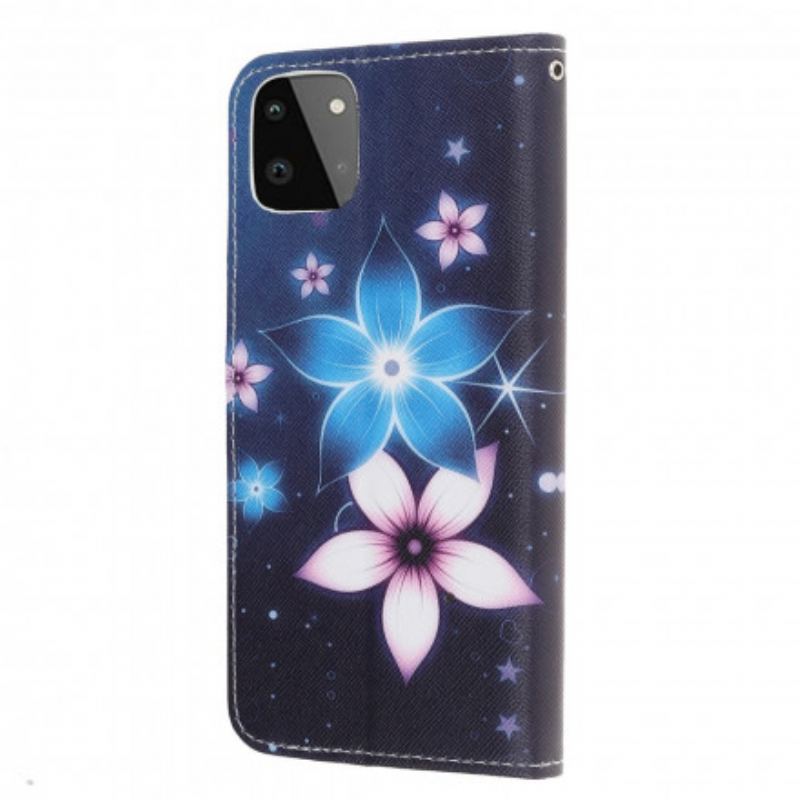 Capa De Couro Para Samsung Galaxy A22 5G De Cordão Flores De Cinta Lunar