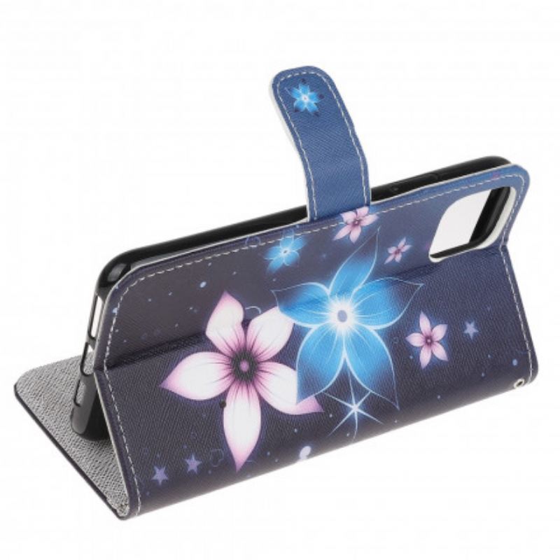 Capa De Couro Para Samsung Galaxy A22 5G De Cordão Flores De Cinta Lunar