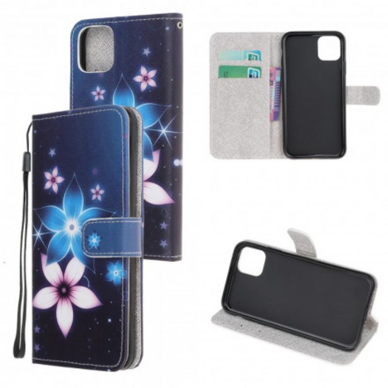 Capa De Couro Para Samsung Galaxy A22 5G De Cordão Flores De Cinta Lunar