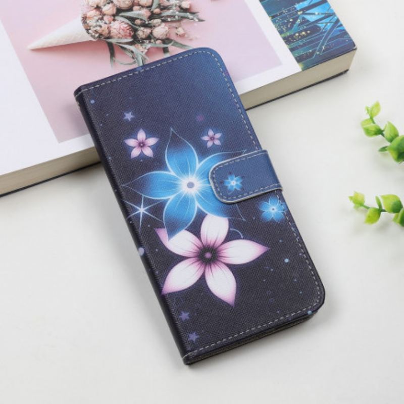 Capa De Couro Para Samsung Galaxy A22 5G De Cordão Flores De Cinta Lunar