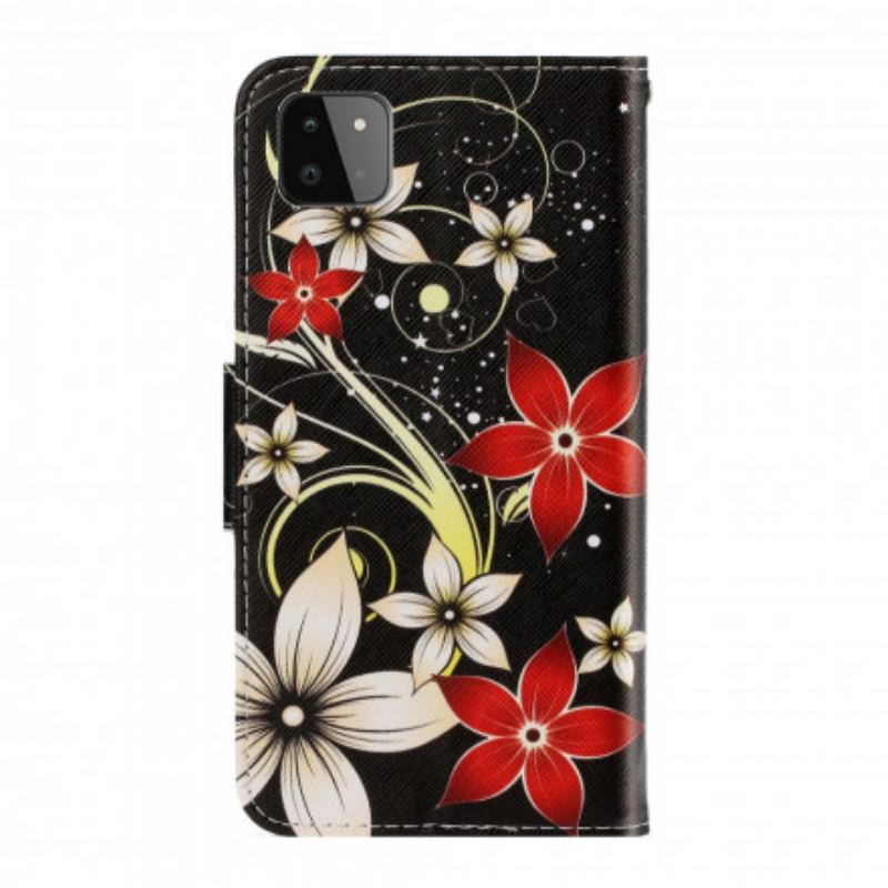 Capa De Couro Para Samsung Galaxy A22 5G De Cordão Flores Coloridas Com Tiras